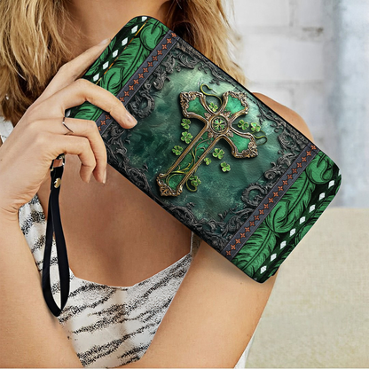  Leather Clutch Purse With Wristlet Strap Handle Emerald Faith