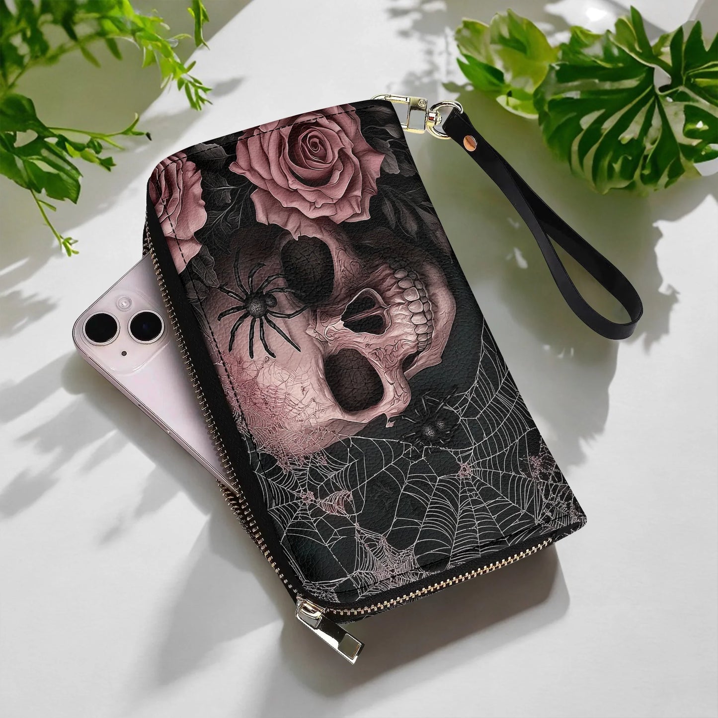  Leather Clutch Purse With Wristlet Strap Handle Eternal Bloom Skull