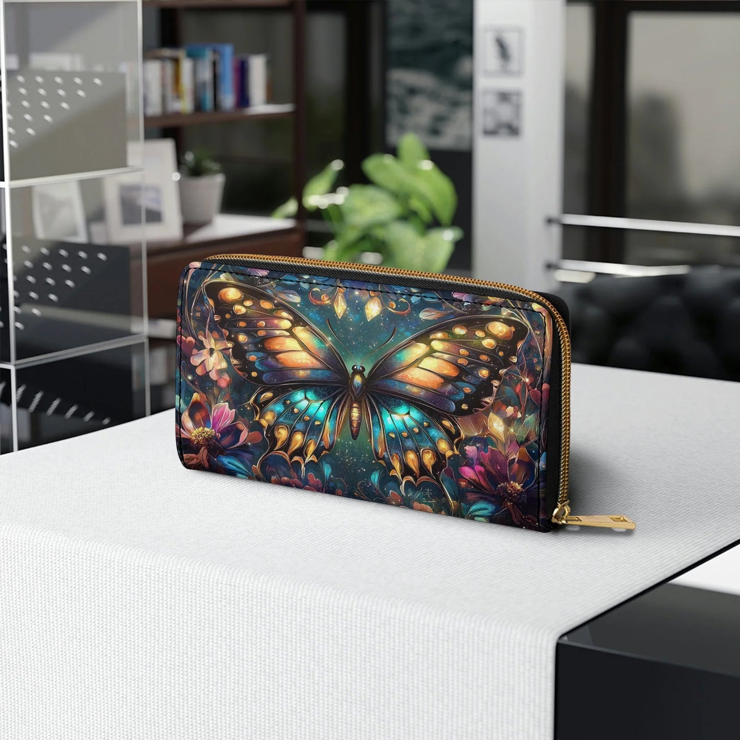  Leather Clutch Purse With Wristlet Strap Handle Butterfly Twilight Glow