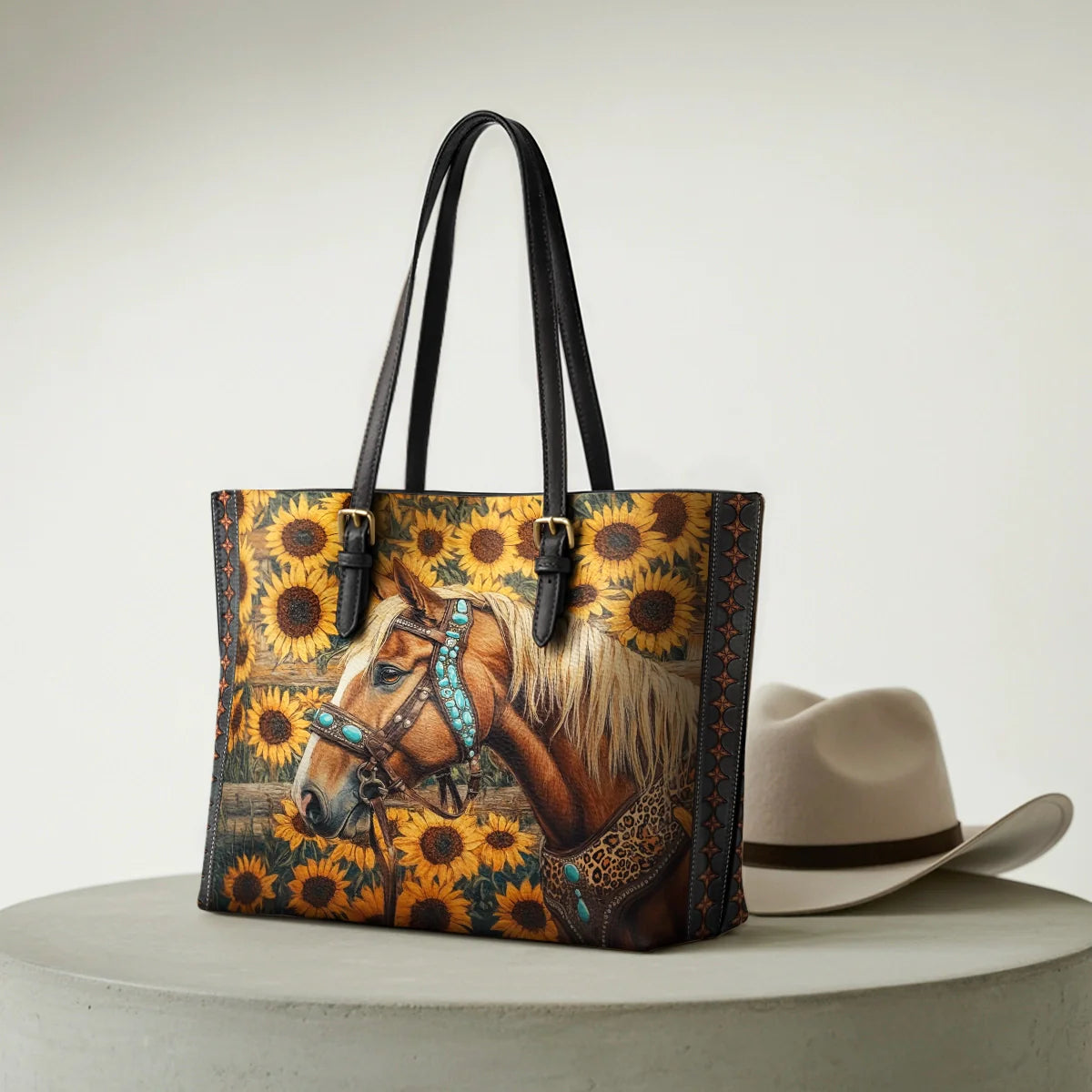 Golden Horse & Sun Leather Tote Bag