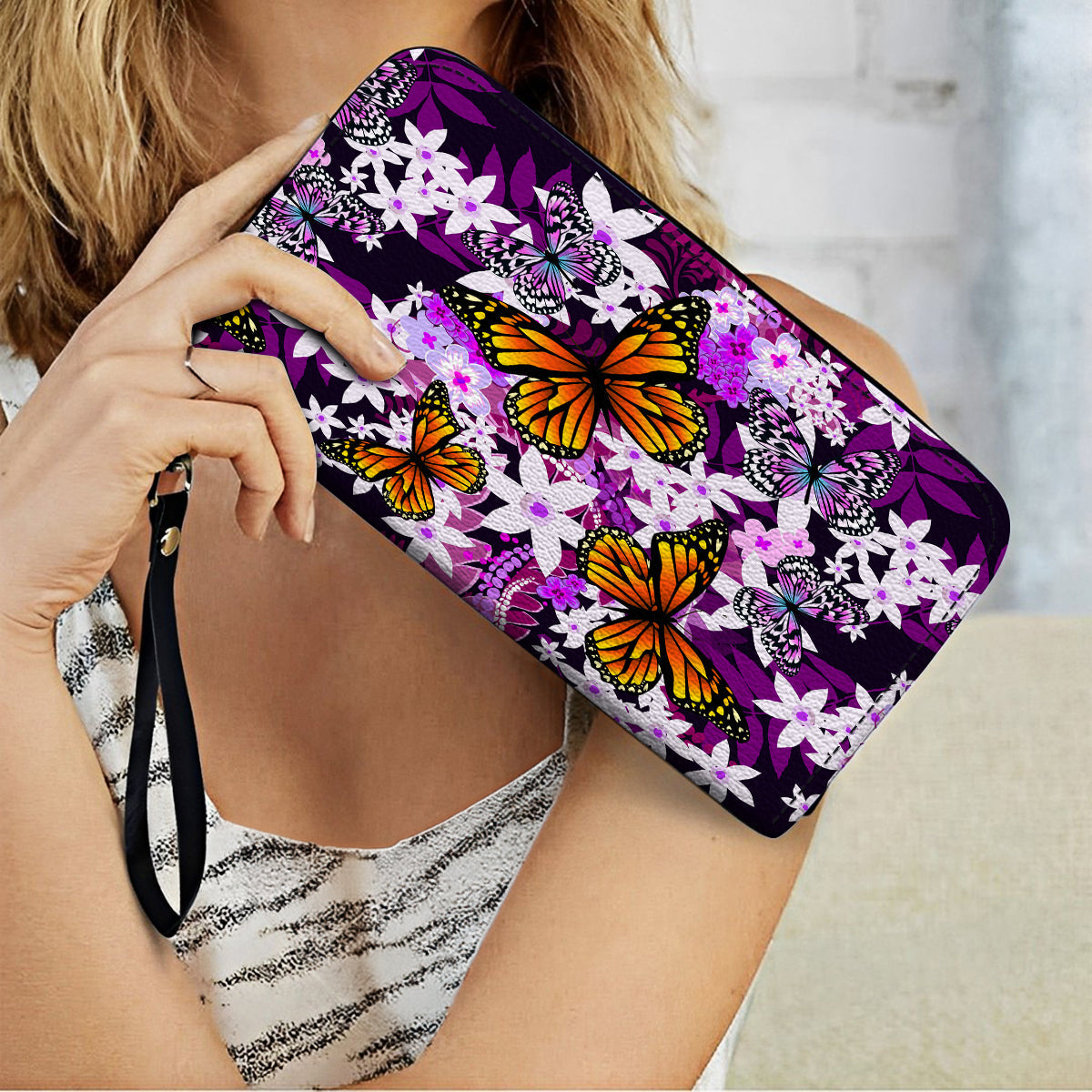  Leather Clutch Purse With Wristlet Strap Handle Monarch And Milkweed