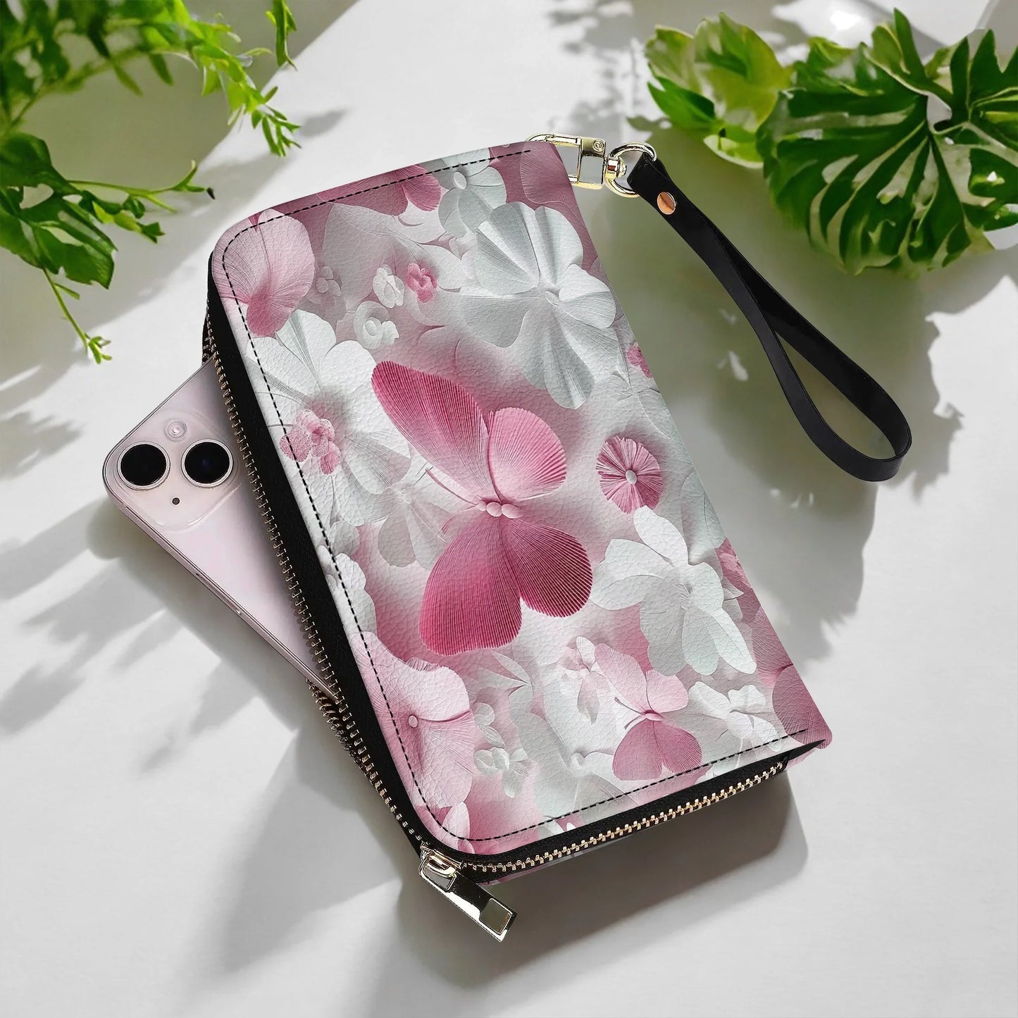  Leather Clutch Purse With Wristlet Strap Handle Butterfly Blossom Elegance