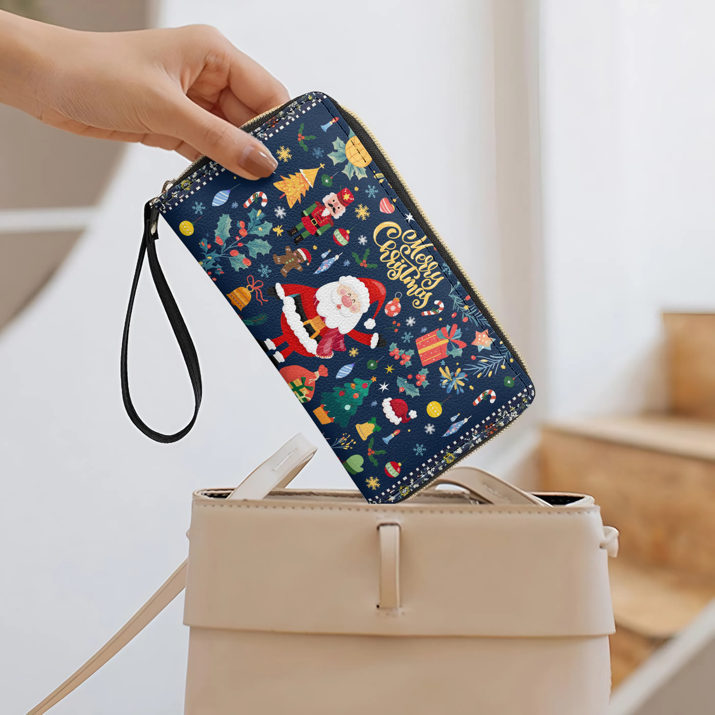  Leather Clutch Purse With Wristlet Strap Handle Christmas Festive Cheer