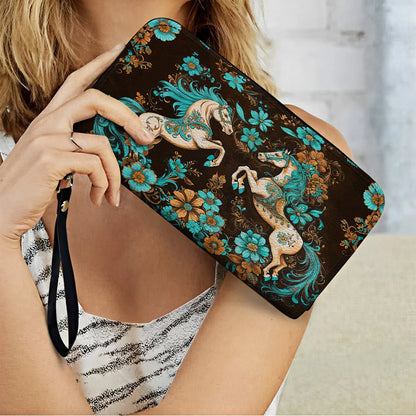  Leather Clutch Purse With Wristlet Strap Handle Mystic Horse Blossom