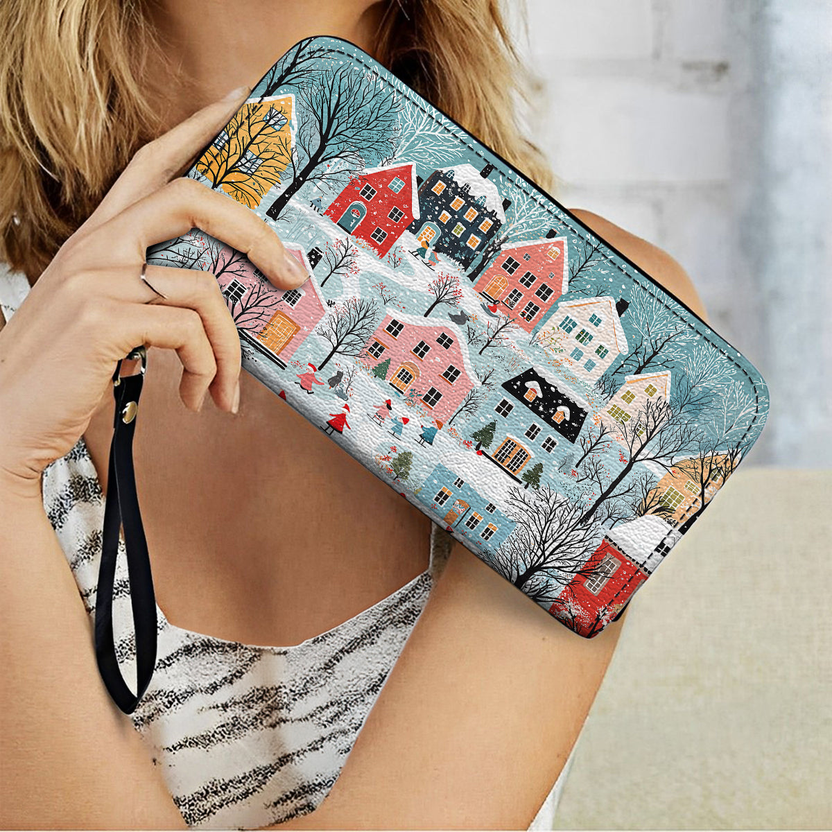  Leather Clutch Purse With Wristlet Strap Handle Christmas Winter Wonderland