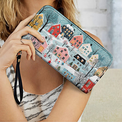  Leather Clutch Purse With Wristlet Strap Handle Christmas Winter Wonderland