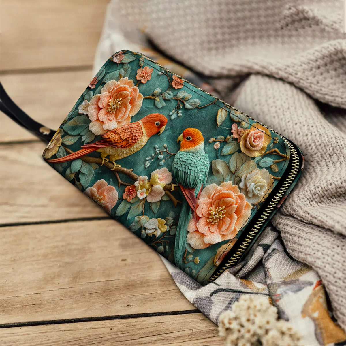  Leather Clutch Purse With Wristlet Strap Handle Whispering Lovebirds