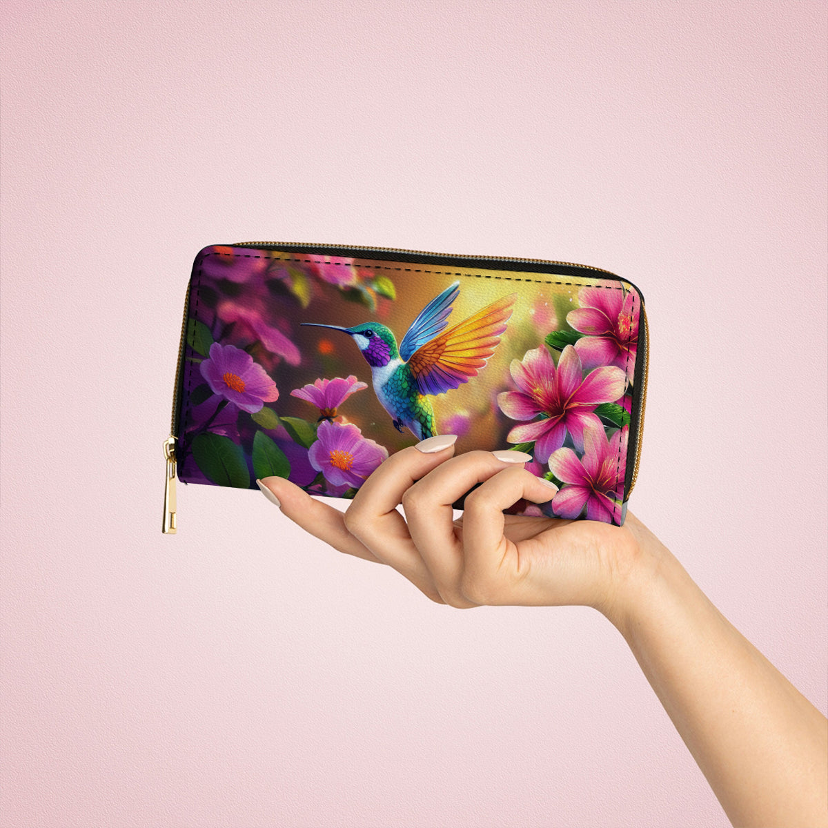  Leather Clutch Purse With Wristlet Strap Handle Enchanted Hummingbird