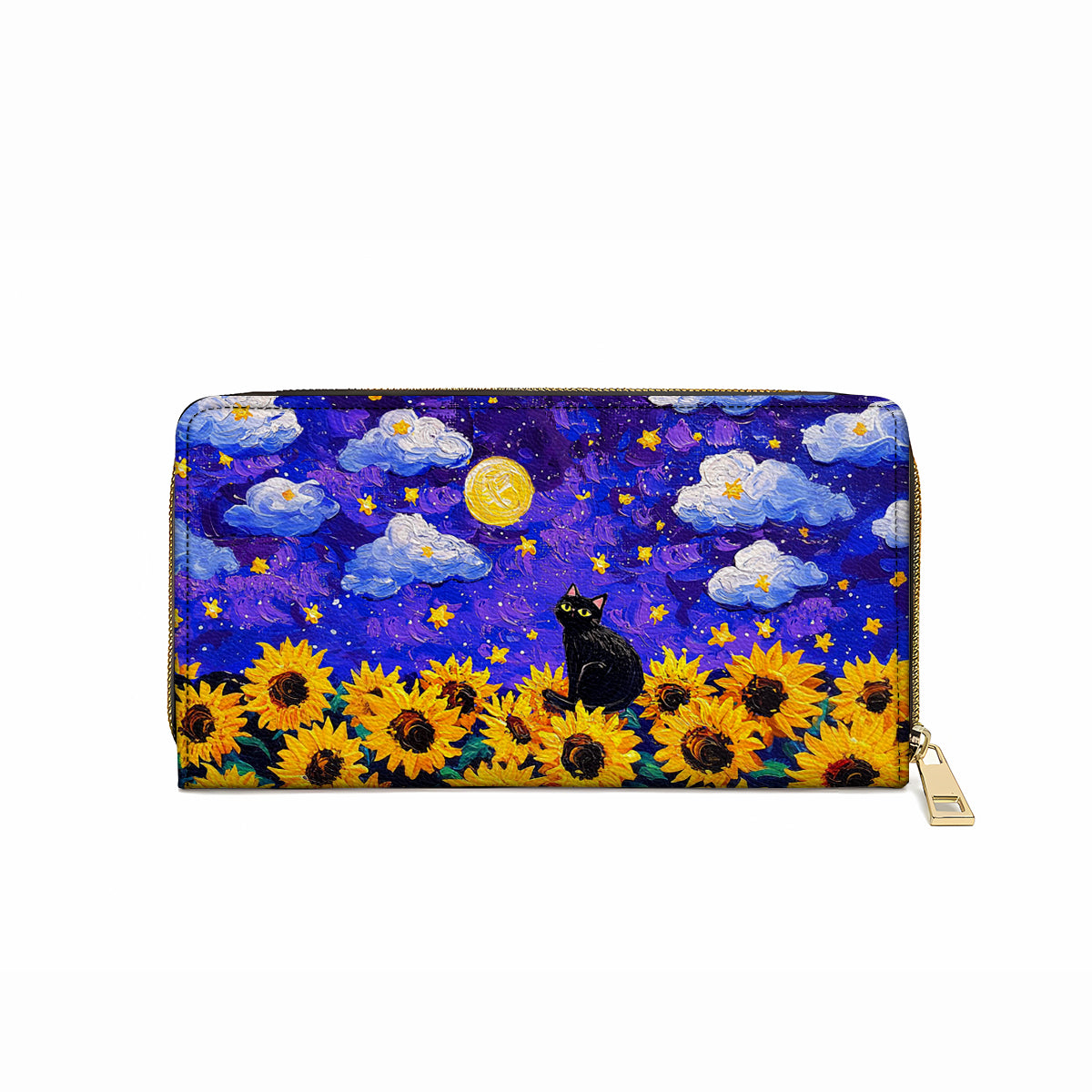  Leather Clutch Purse With Wristlet Strap Handle Starry Cat With Sunflower