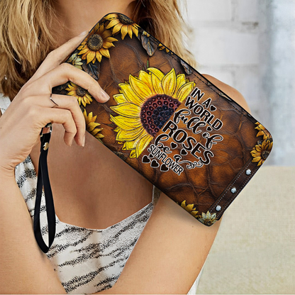  Leather Clutch Purse With Wristlet Strap Handle Sunflower Elegance