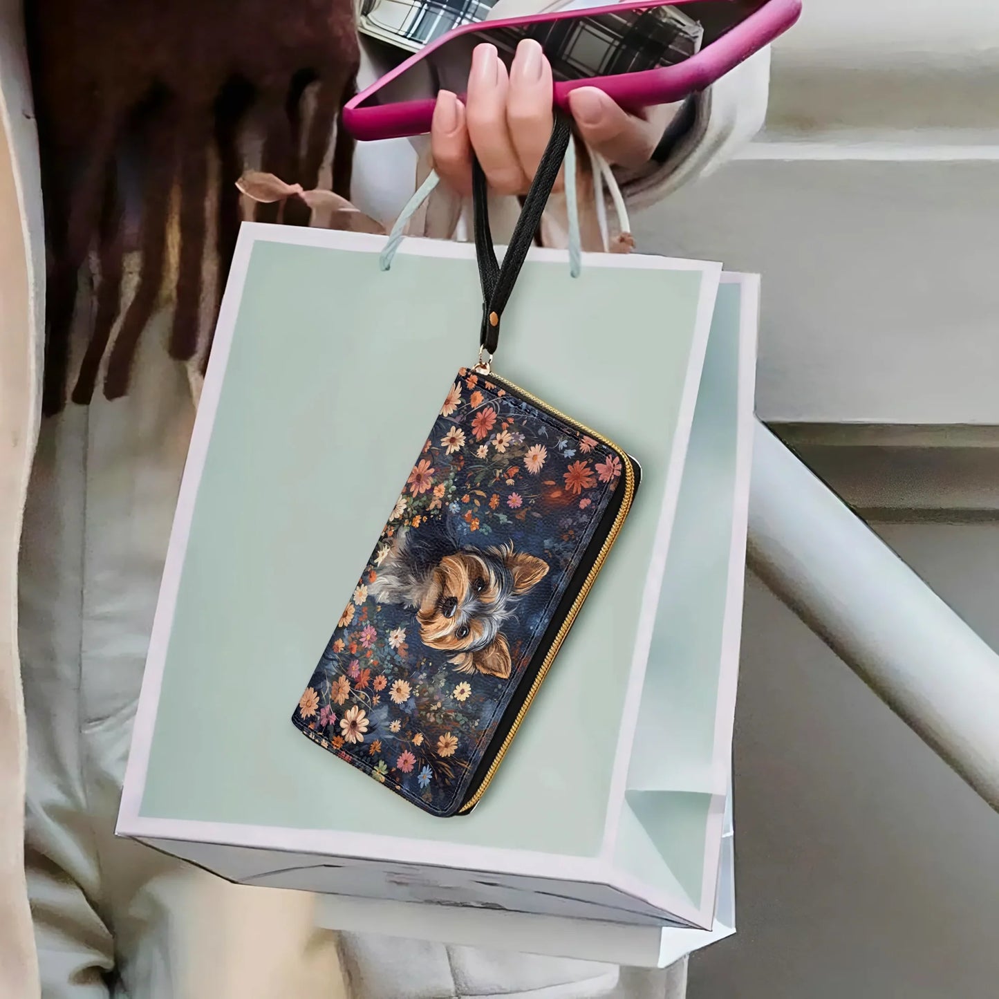  Leather Clutch Purse With Wristlet Strap Handle Enchanted Yorkie Bloom