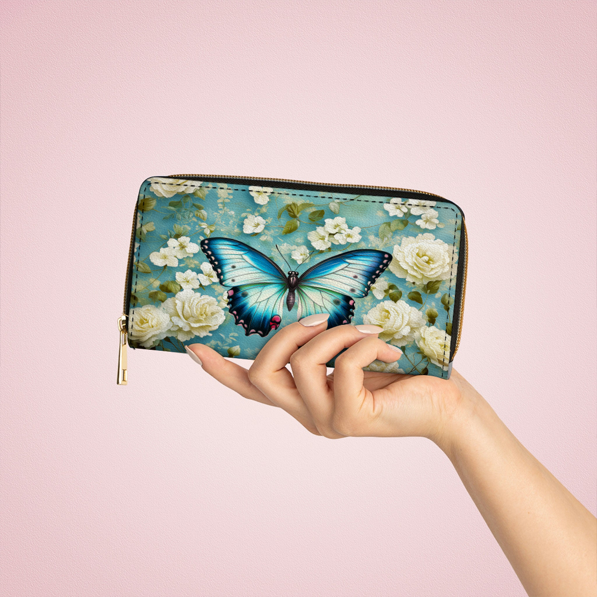  Leather Clutch Purse With Wristlet Strap Handle Frosty Winter Butterfly