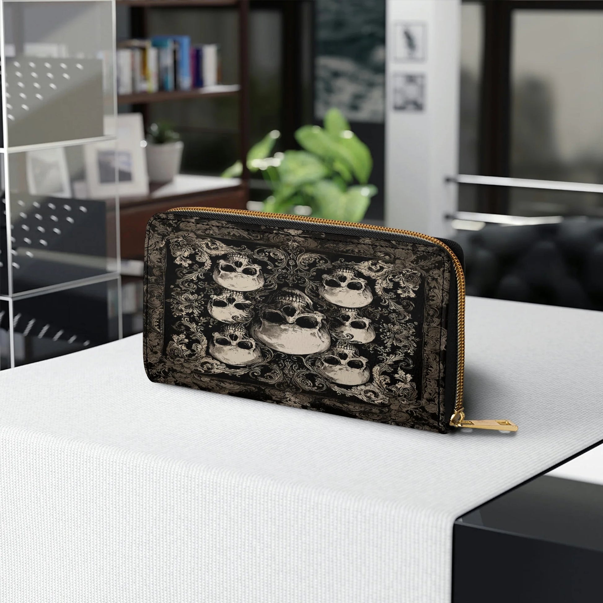  Leather Clutch Purse With Wristlet Strap Handle Gothic Skull Majesty