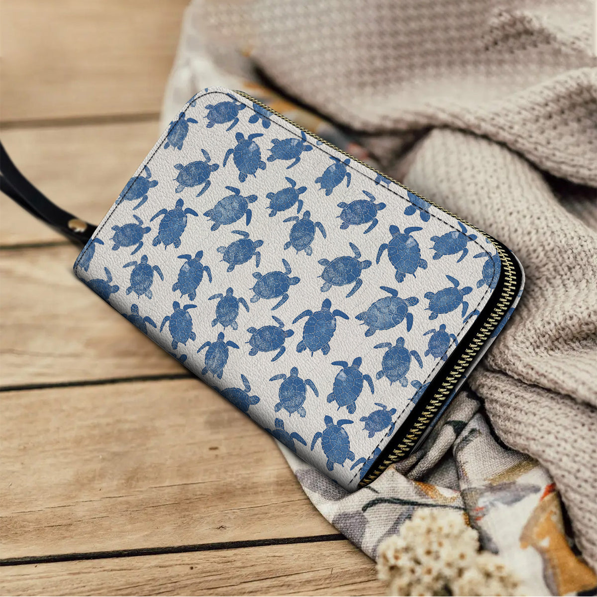  Leather Clutch Purse With Wristlet Strap Handle Gentle Sea Turtle