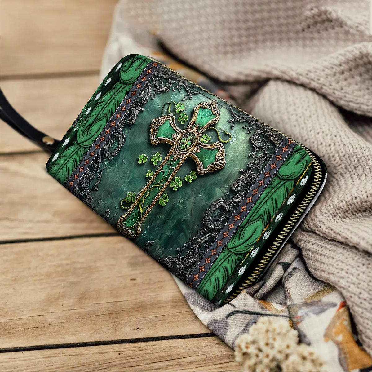  Leather Clutch Purse With Wristlet Strap Handle Emerald Faith