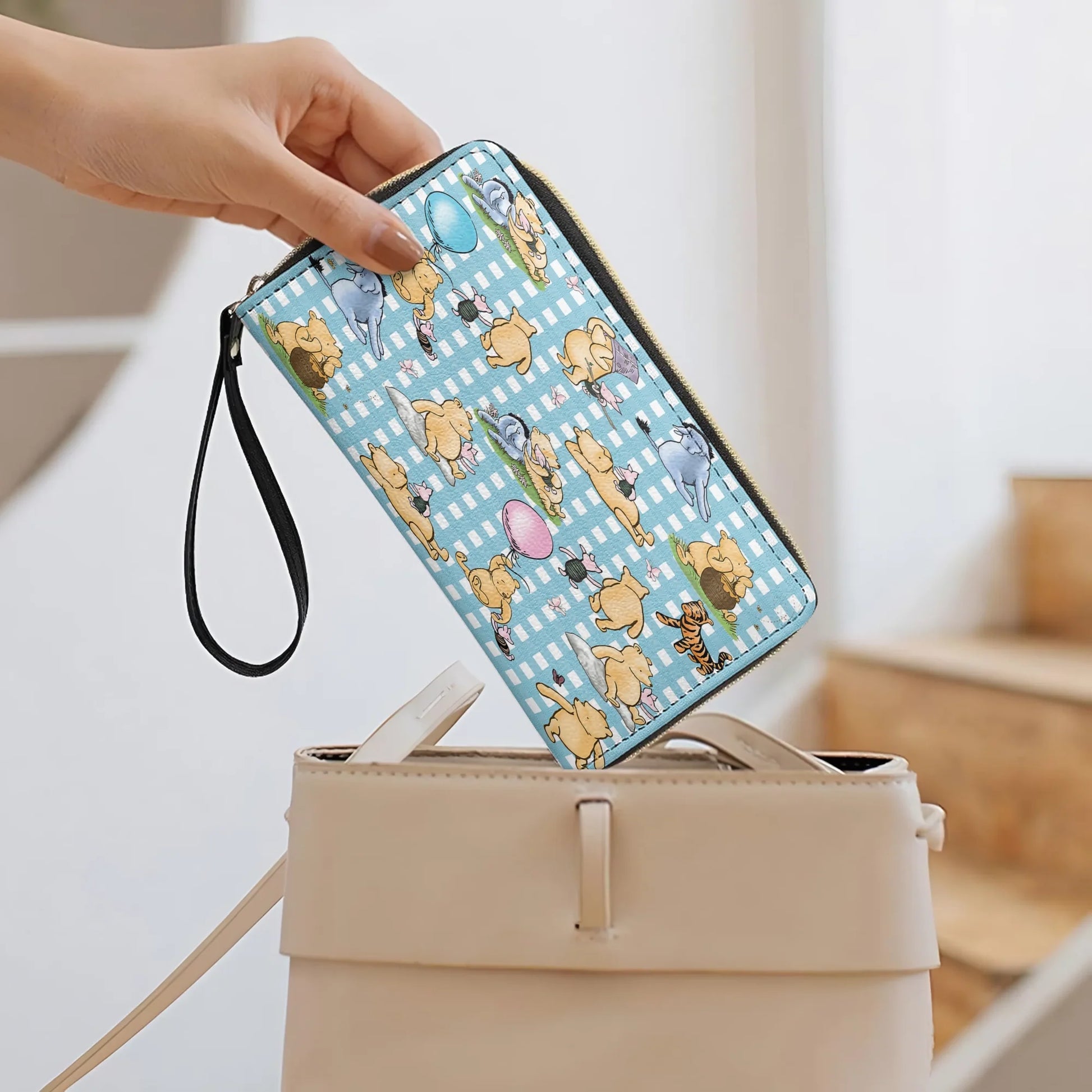  Leather Clutch Purse With Wristlet Strap Handle Winnie the Pooh Picnic