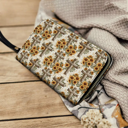  Leather Clutch Purse With Wristlet Strap Handle Rustic Sunflower Cross