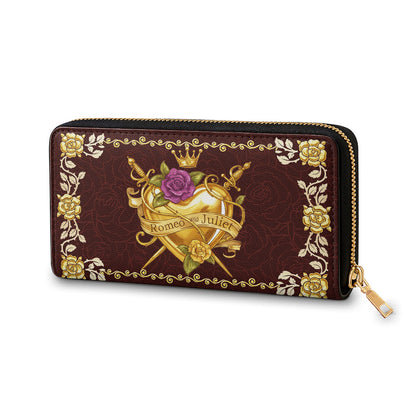  Leather Clutch Purse With Wristlet Strap Handle Romeo & Juliet Golden Heart
