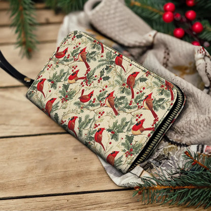  Leather Clutch Purse With Wristlet Strap Handle Winter Cardinal Harmony