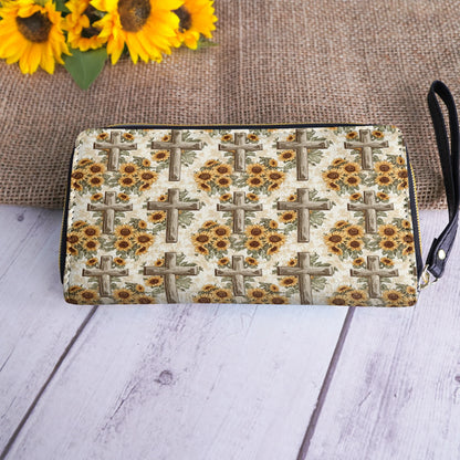  Leather Clutch Purse With Wristlet Strap Handle Rustic Sunflower Cross