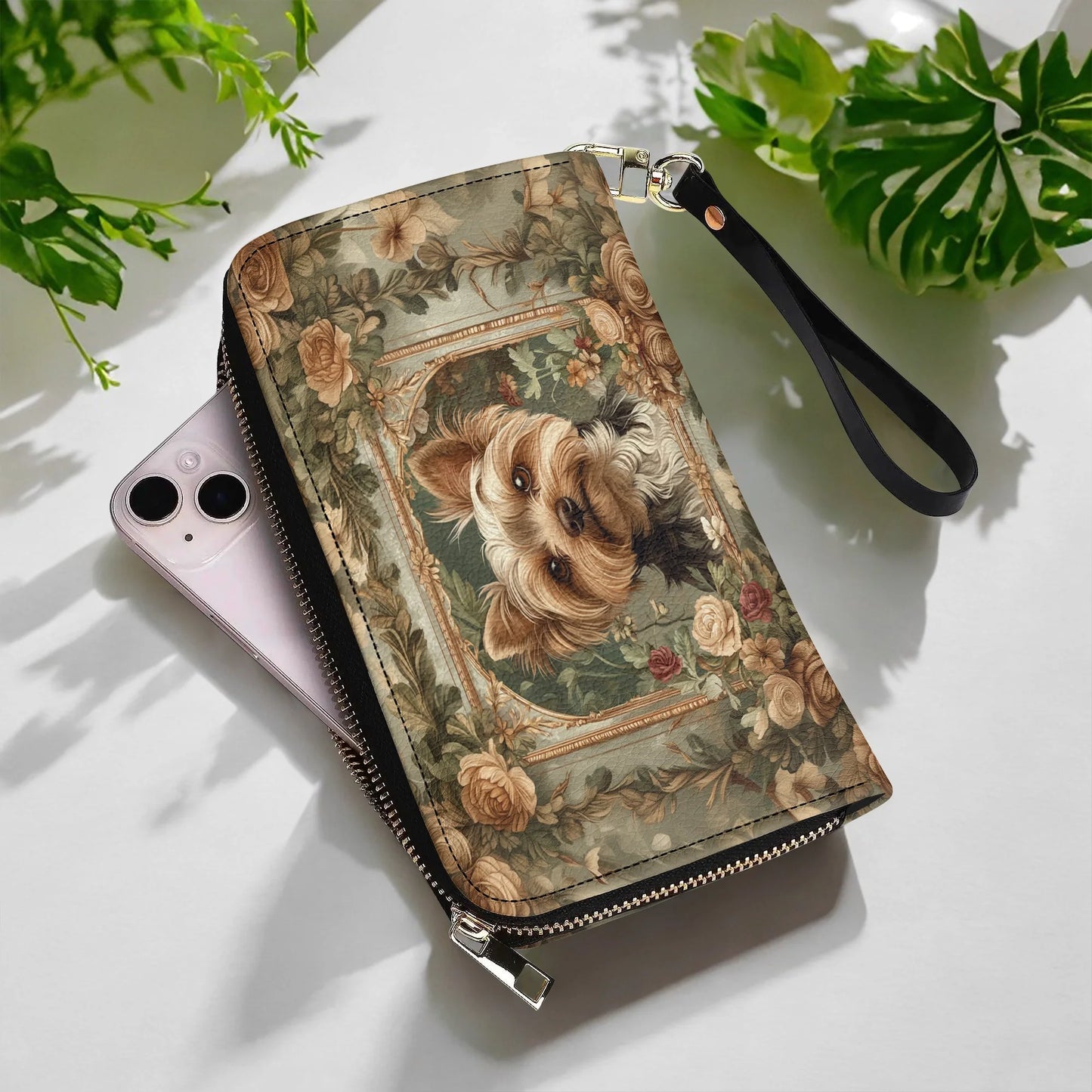  Leather Clutch Purse With Wristlet Strap Handle Luxe Yorkie Companion