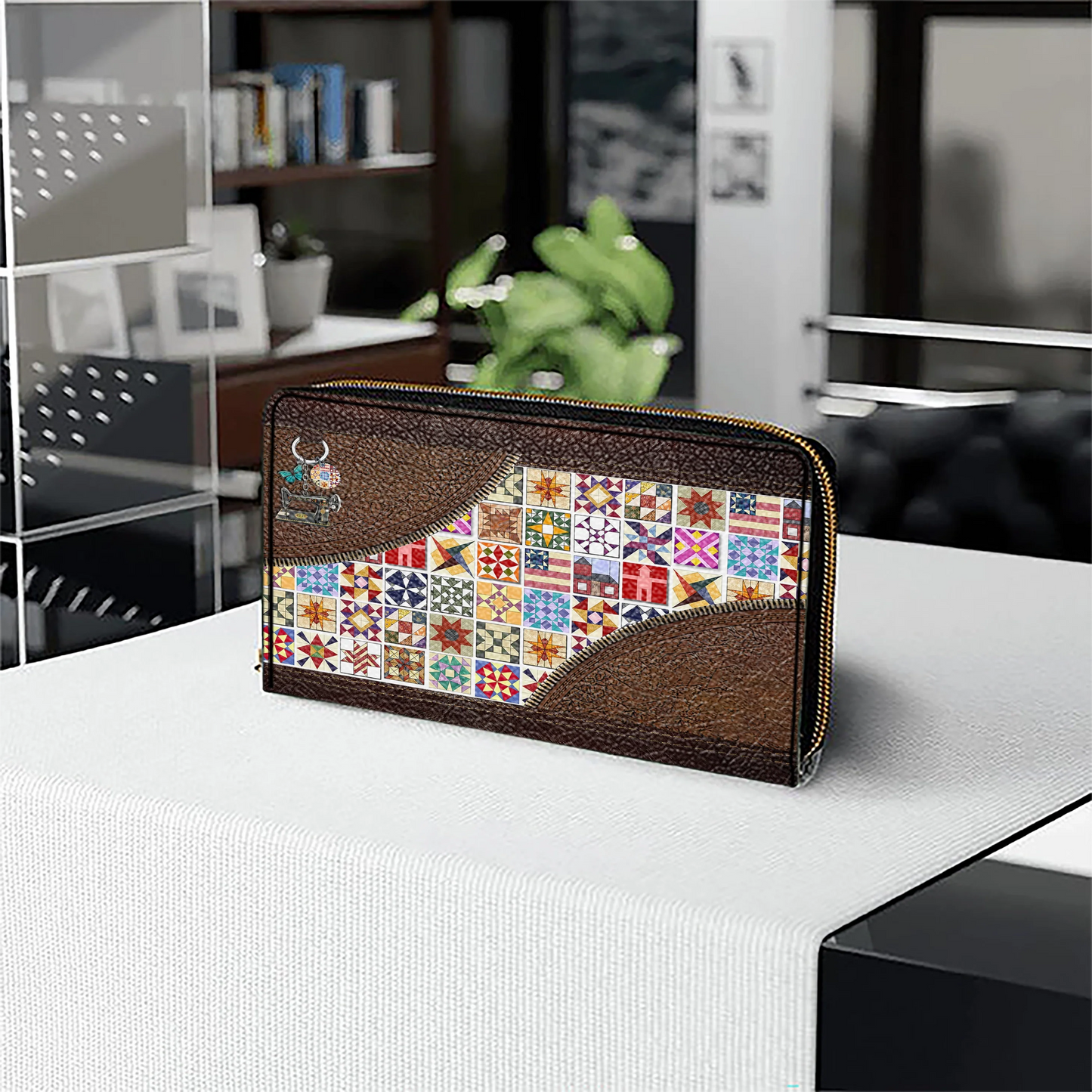  Leather Clutch Purse With Wristlet Strap Handle Quilt Blocks