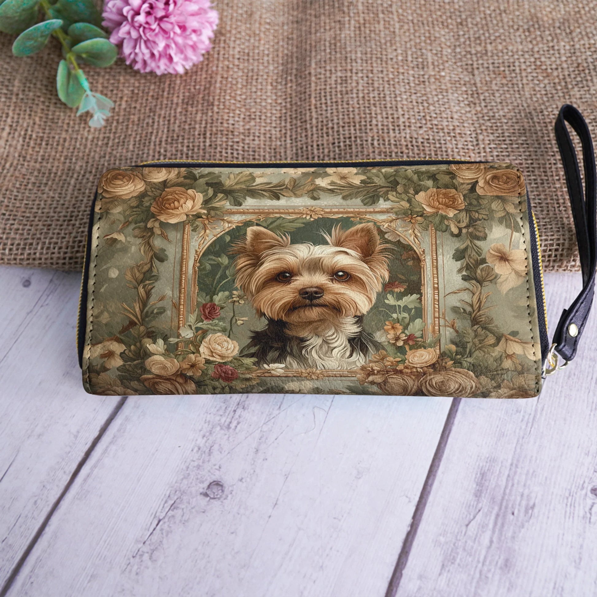  Leather Clutch Purse With Wristlet Strap Handle Luxe Yorkie Companion