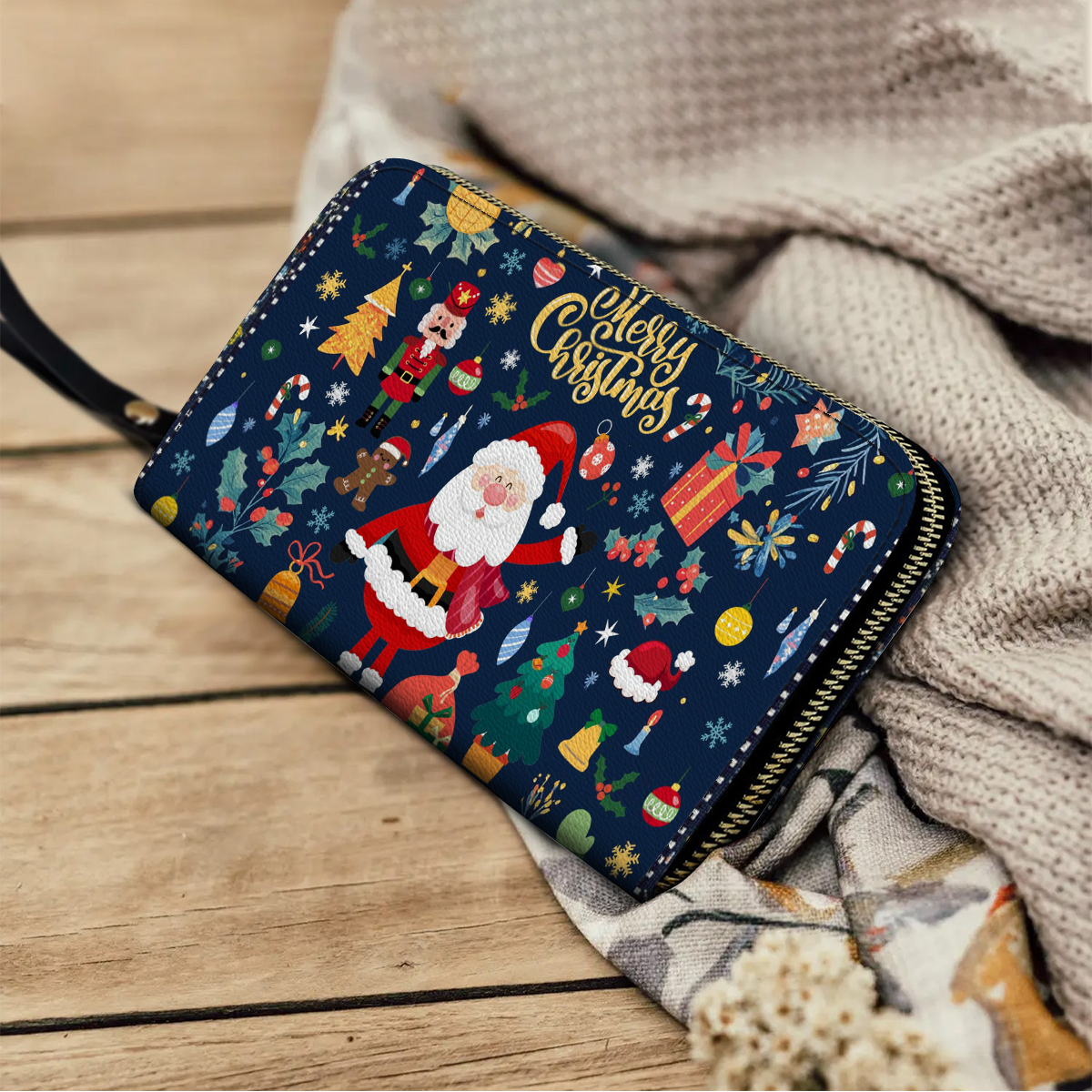  Leather Clutch Purse With Wristlet Strap Handle Christmas Festive Cheer