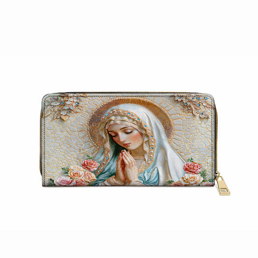  Leather Clutch Purse With Wristlet Strap Handle Graceful Serenity Virgin Mary