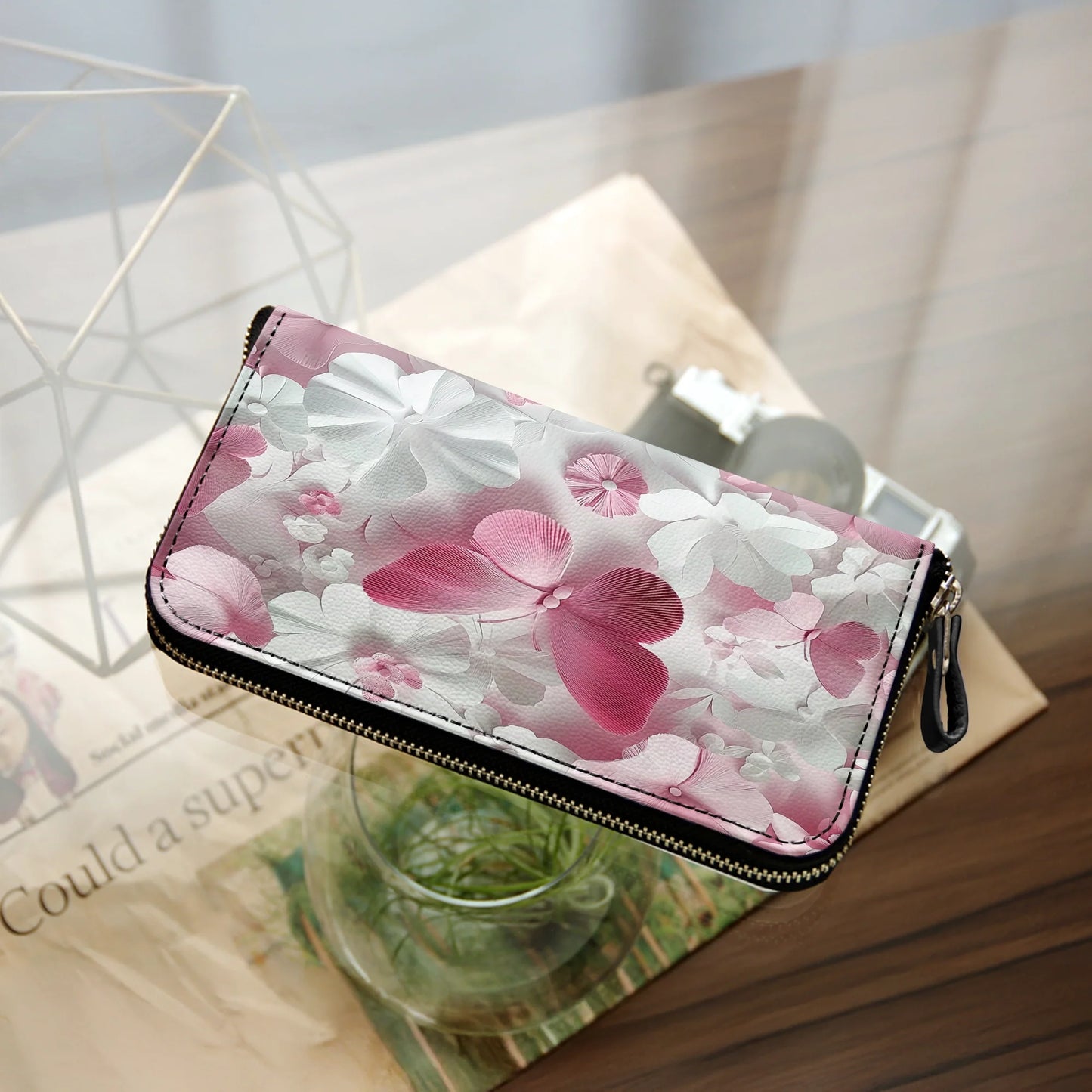  Leather Clutch Purse With Wristlet Strap Handle Butterfly Blossom Elegance