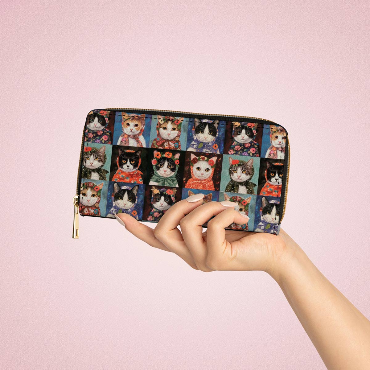  Leather Clutch Purse With Wristlet Strap Handle Vintage Cats