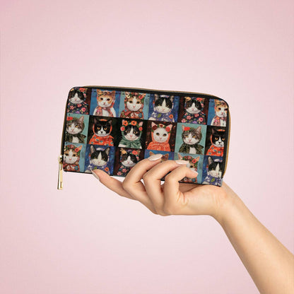  Leather Clutch Purse With Wristlet Strap Handle Vintage Cats