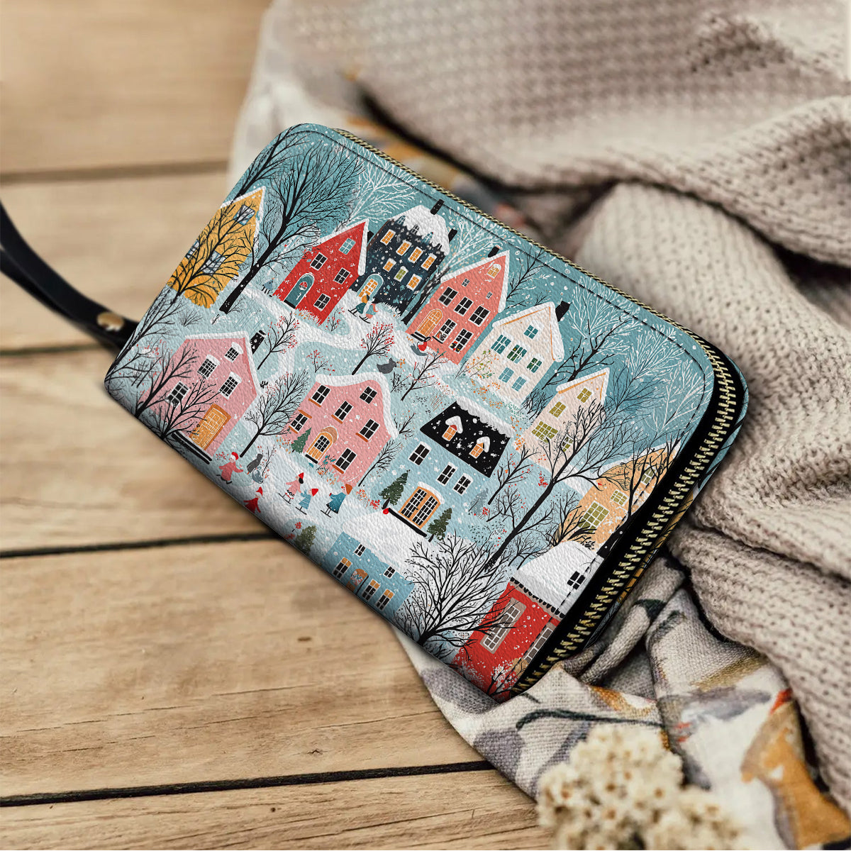  Leather Clutch Purse With Wristlet Strap Handle Christmas Winter Wonderland