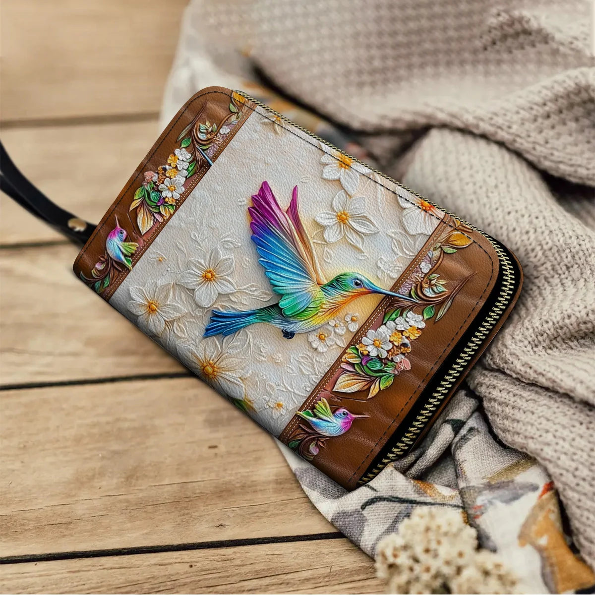  Leather Clutch Purse With Wristlet Strap Handle Fluttering Blooms
