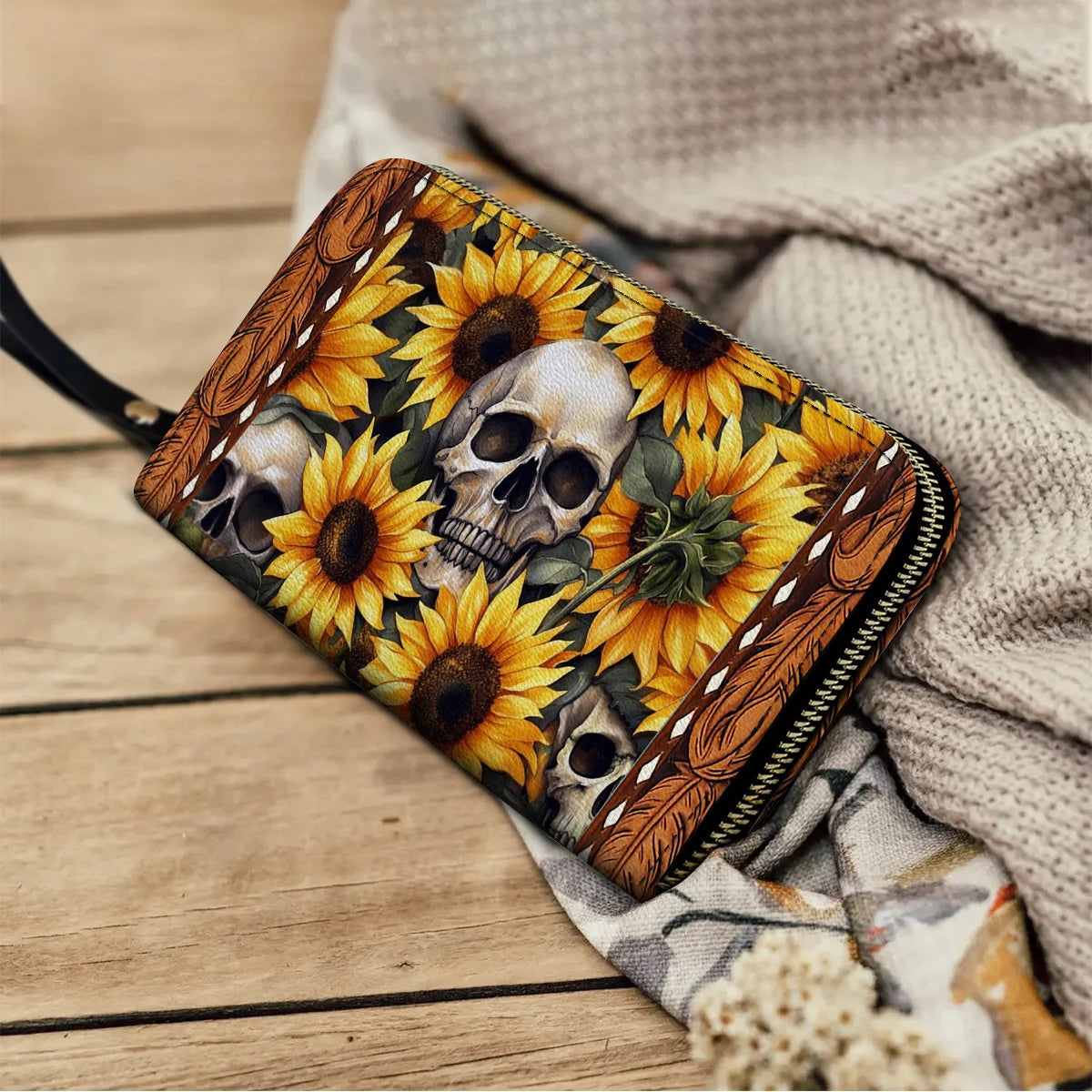  Leather Clutch Purse With Wristlet Strap Handle Sunflower Skull