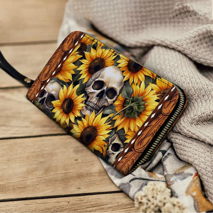 Leather Clutch Purse With Wristlet Strap Handle Sunflower Skull