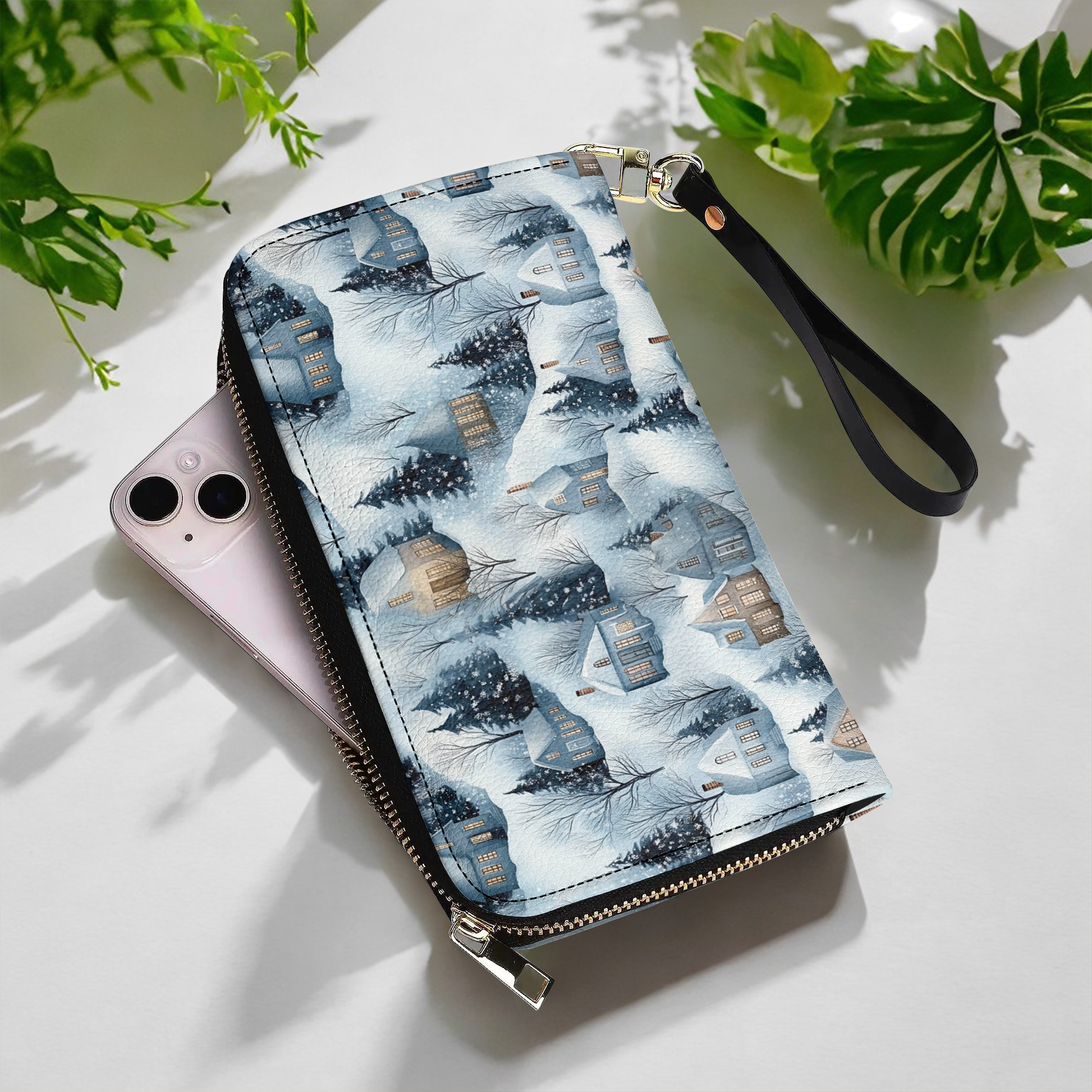  Leather Clutch Purse With Wristlet Strap Handle Snow Village