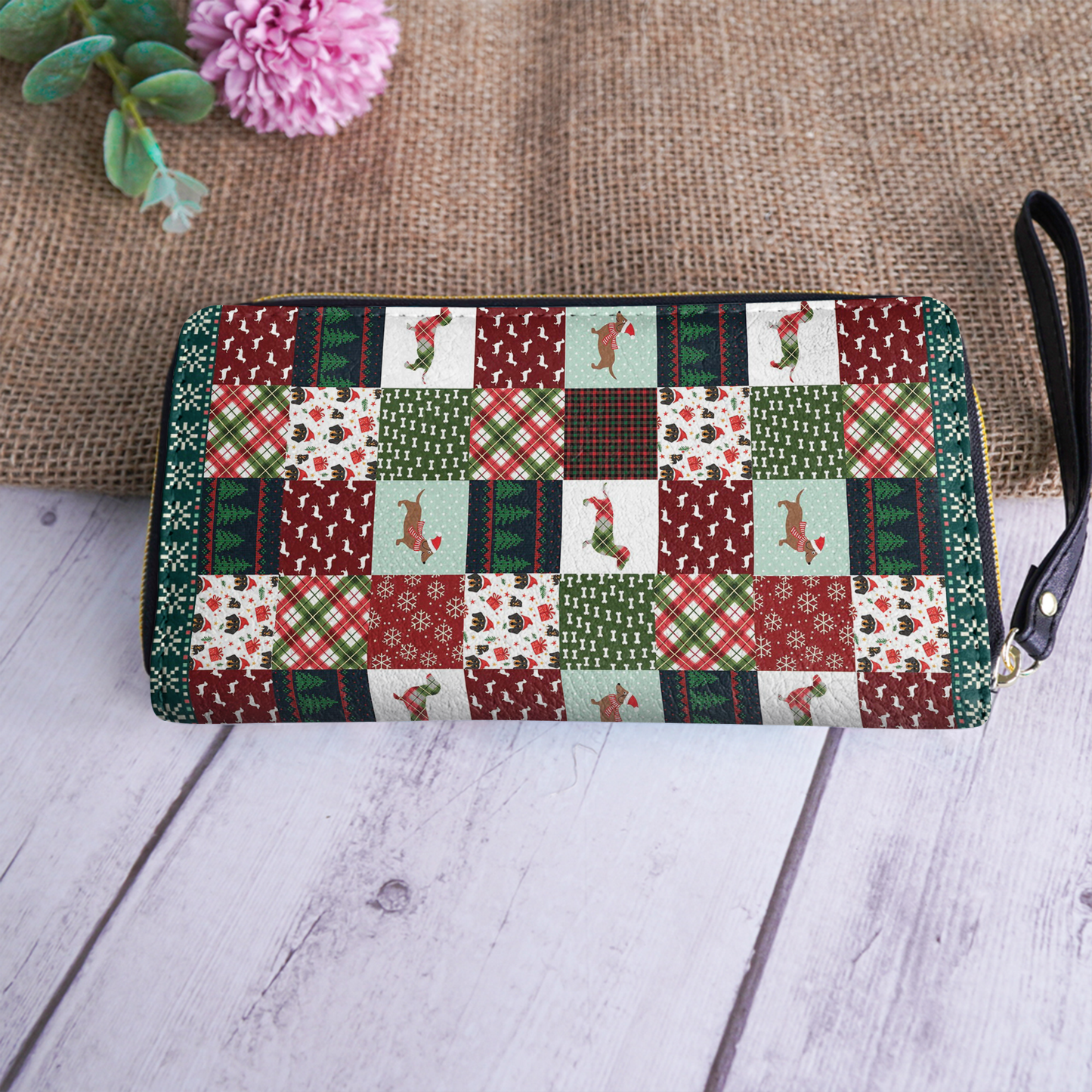  Leather Clutch Purse With Wristlet Strap Handle Dachshund Christmas