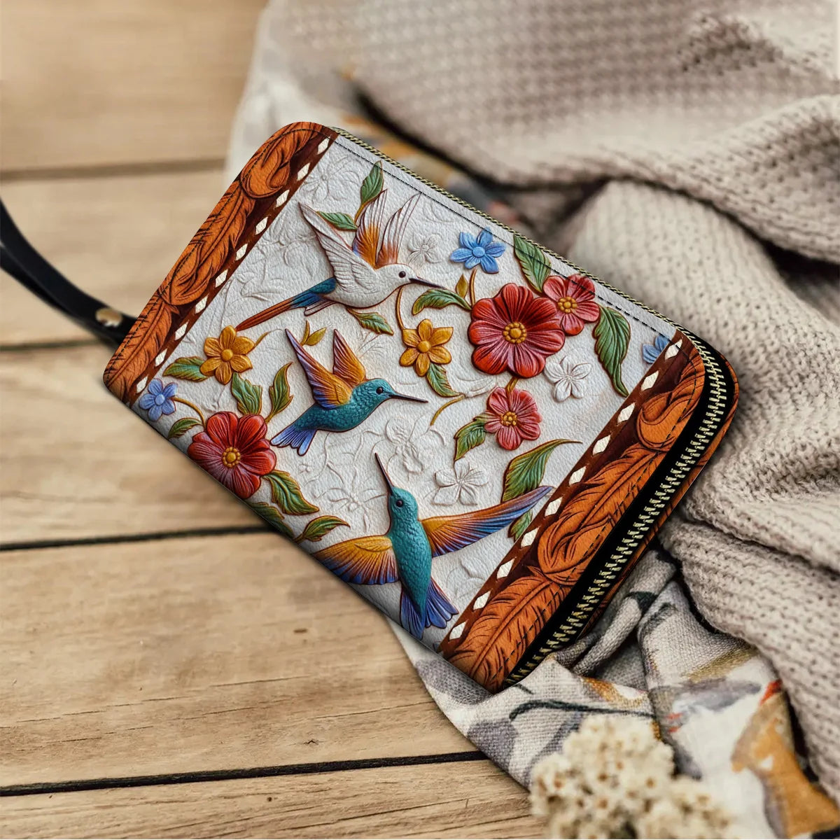  Leather Clutch Purse With Wristlet Strap Handle Hummingbird Blossom Flight