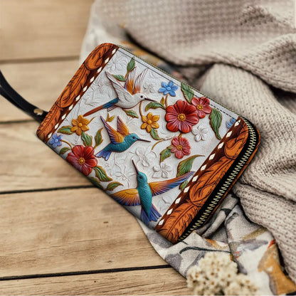  Leather Clutch Purse With Wristlet Strap Handle Hummingbird Blossom Flight