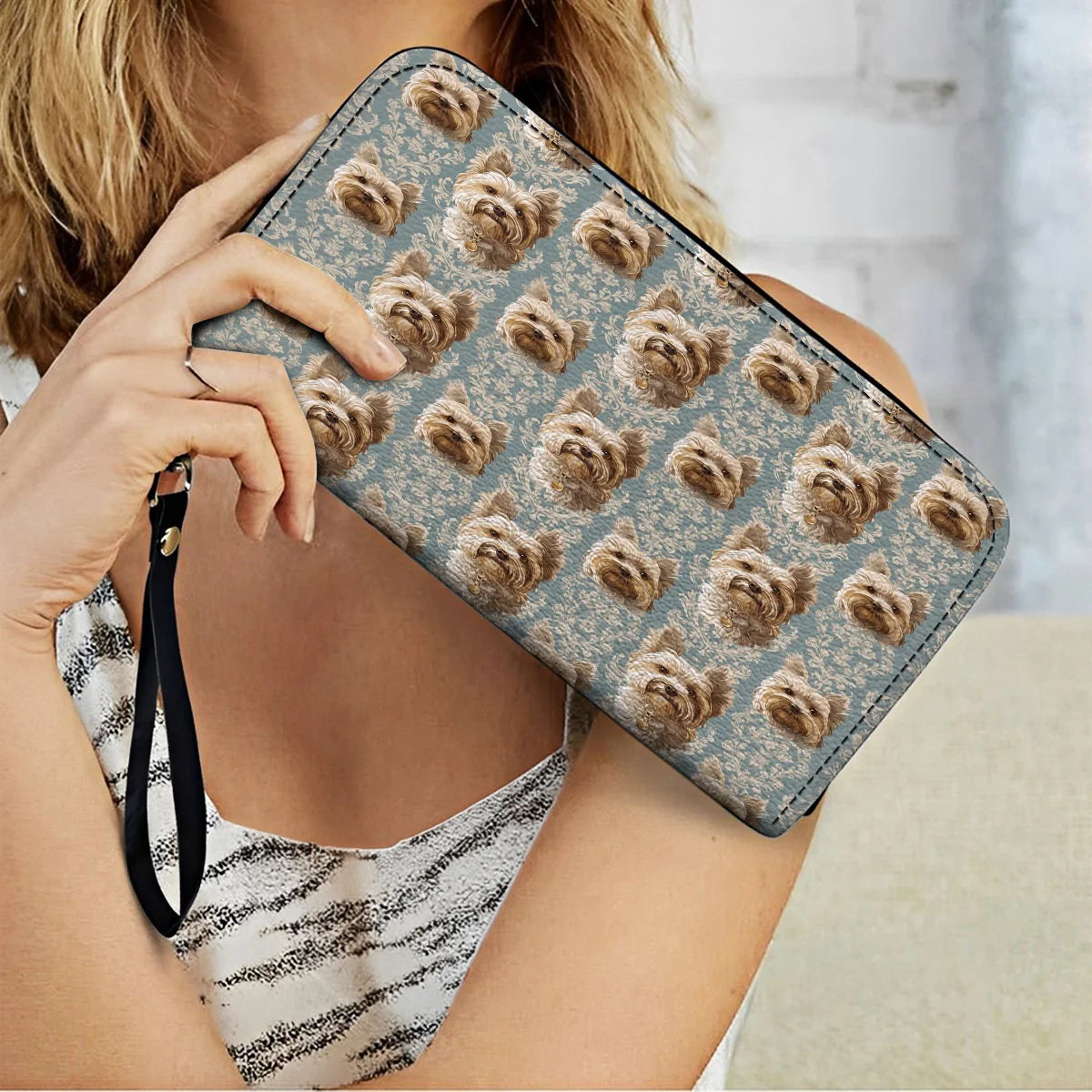  Leather Clutch Purse With Wristlet Strap Handle Yorkie Regal Delight