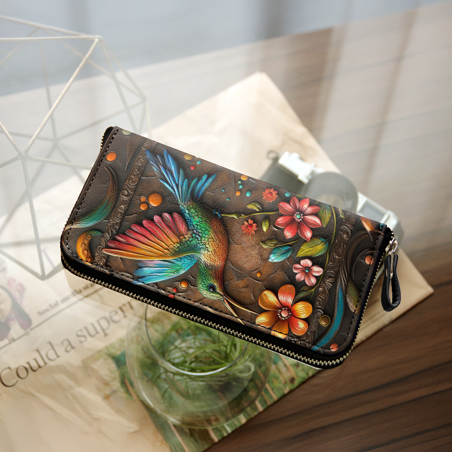  Leather Clutch Purse With Wristlet Strap Handle Hummingbird And Flower