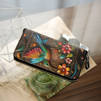  Leather Clutch Purse With Wristlet Strap Handle Hummingbird And Flower