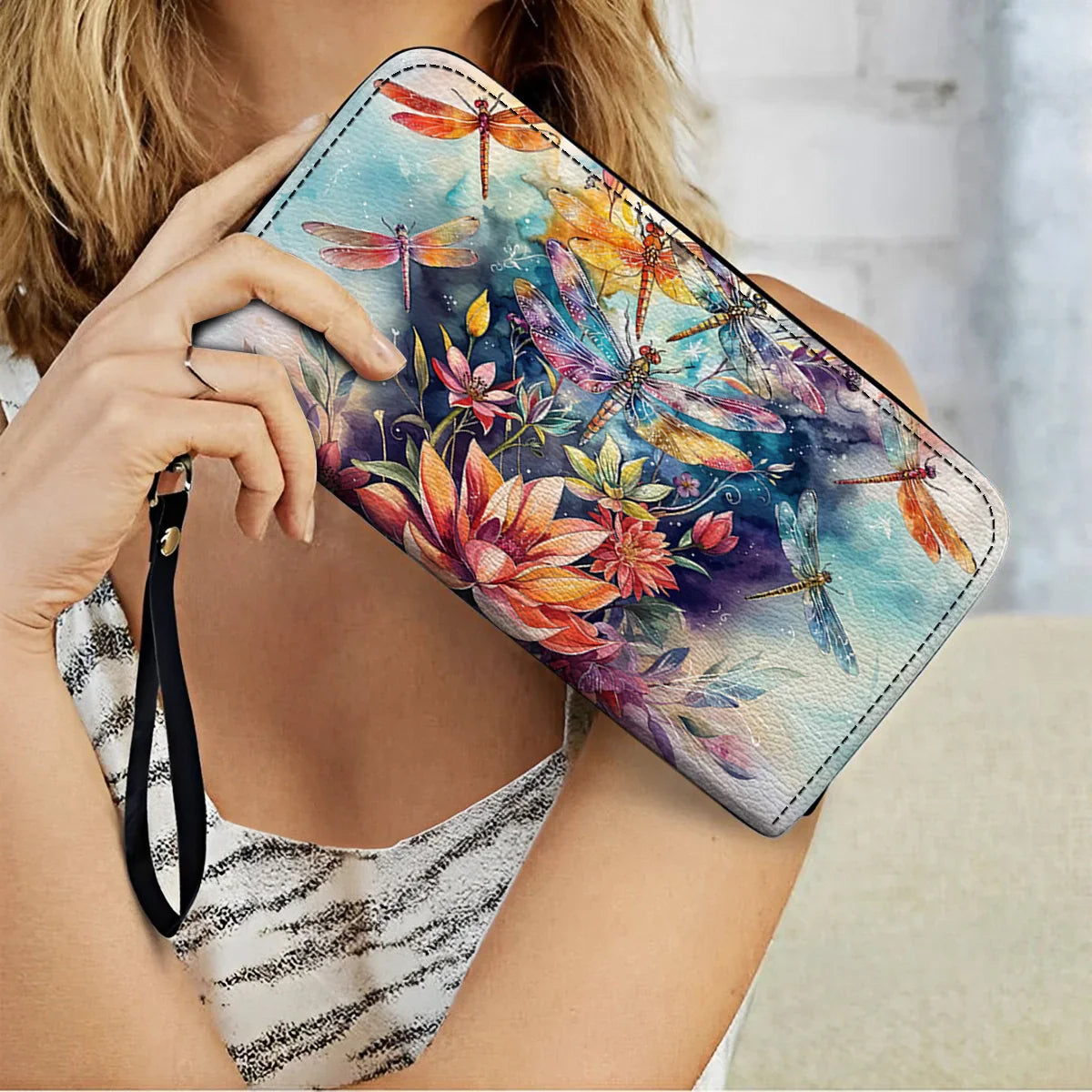  Leather Clutch Purse With Wristlet Strap Handle Dragonfly Free Flying