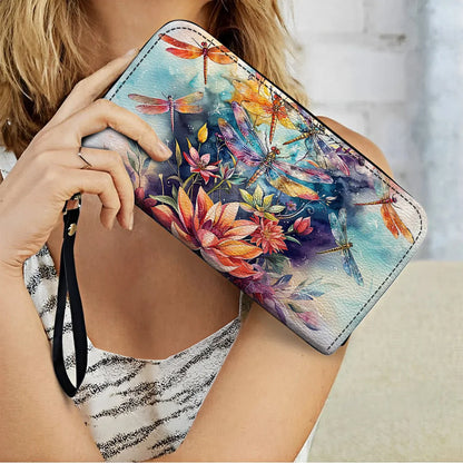  Leather Clutch Purse With Wristlet Strap Handle Dragonfly Free Flying