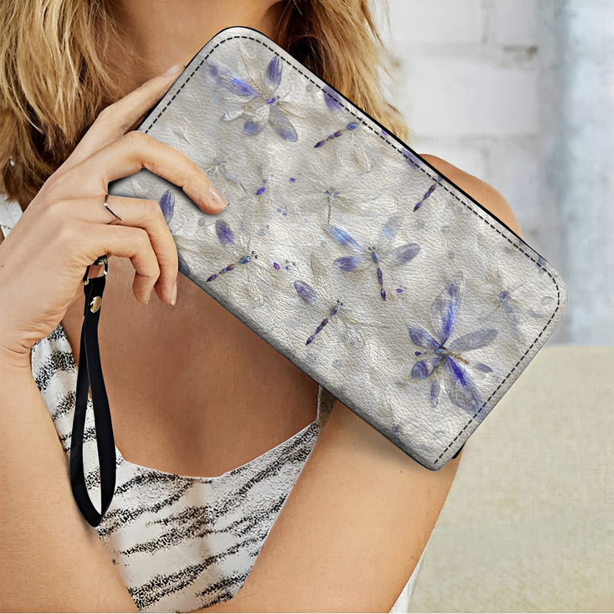  Leather Clutch Purse With Wristlet Strap Handle Ethereal Dragonfly Elegance