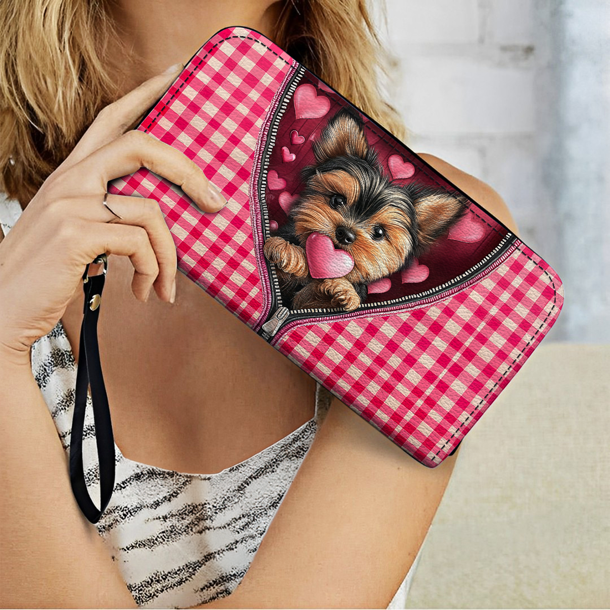  Leather Clutch Purse With Wristlet Strap Handle Yorkie Sweetheart