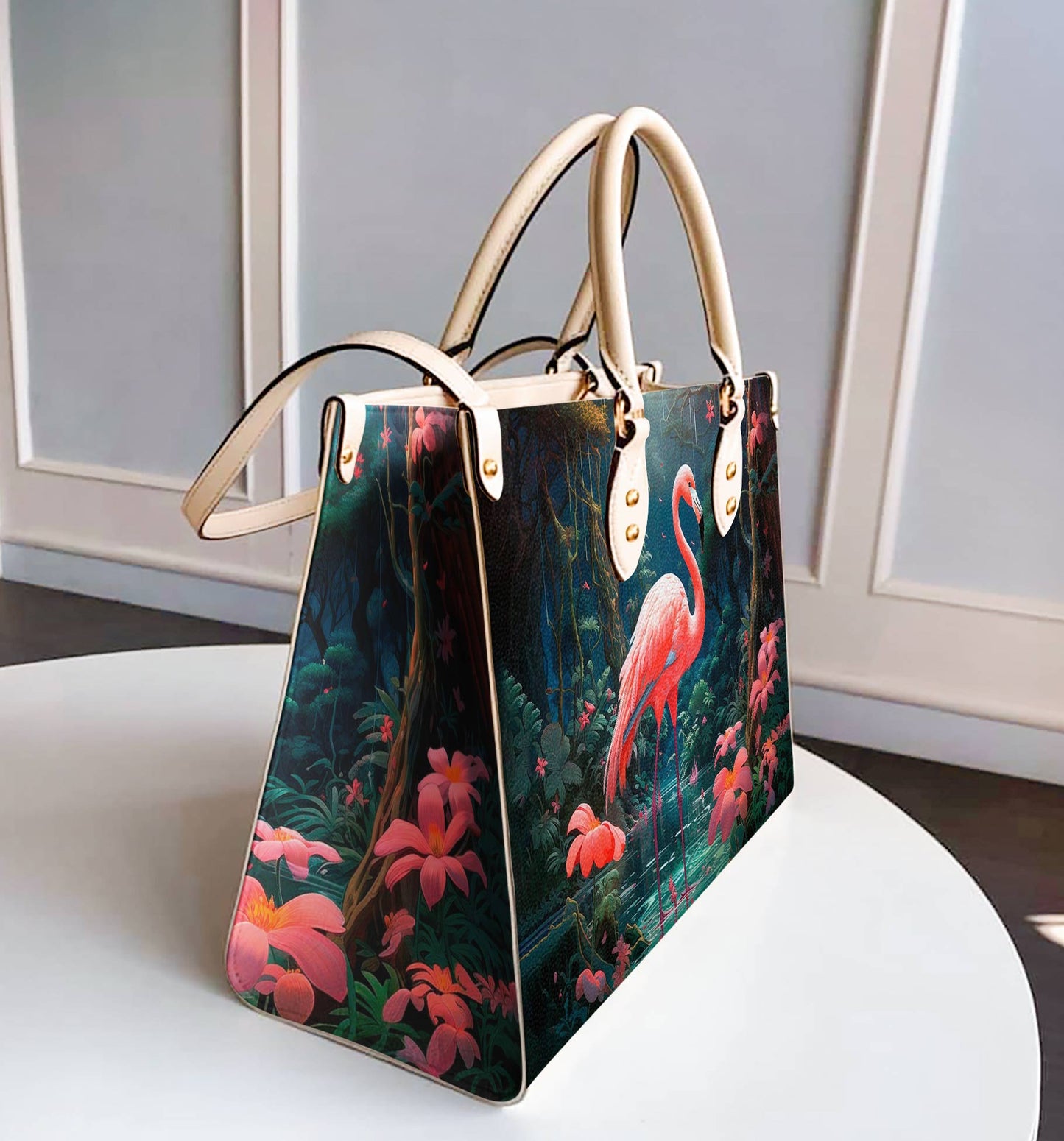  Leather Bag Flamingo with Hibiscus