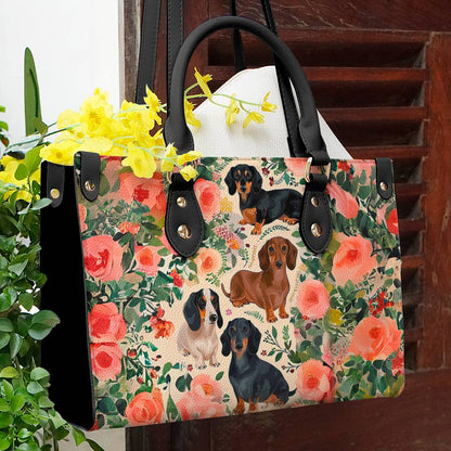  Leather Bag Dog Leather Bag Floral Dachshunds Ver2