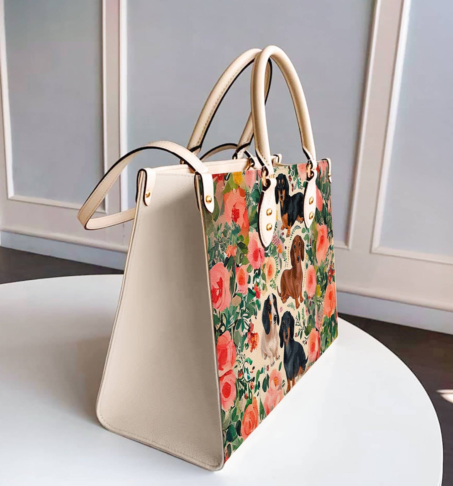  Leather Bag Dog Leather Bag Floral Dachshunds Ver2
